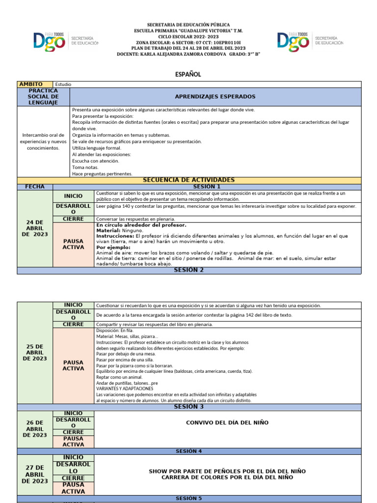 Plan de Trabajo Semana Del 24 Al 28 de Abril de 2023 3°b | PDF ...