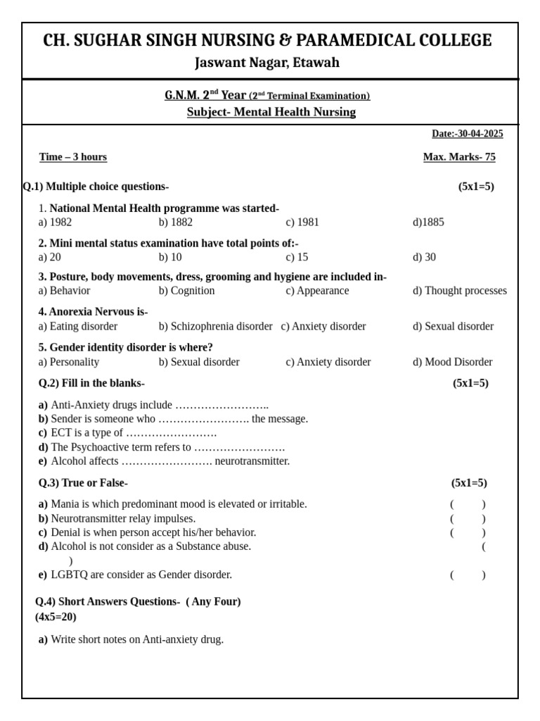 Mental Health Nursing GNM 2nd Year | PDF | Mental Disorder | Mental Health