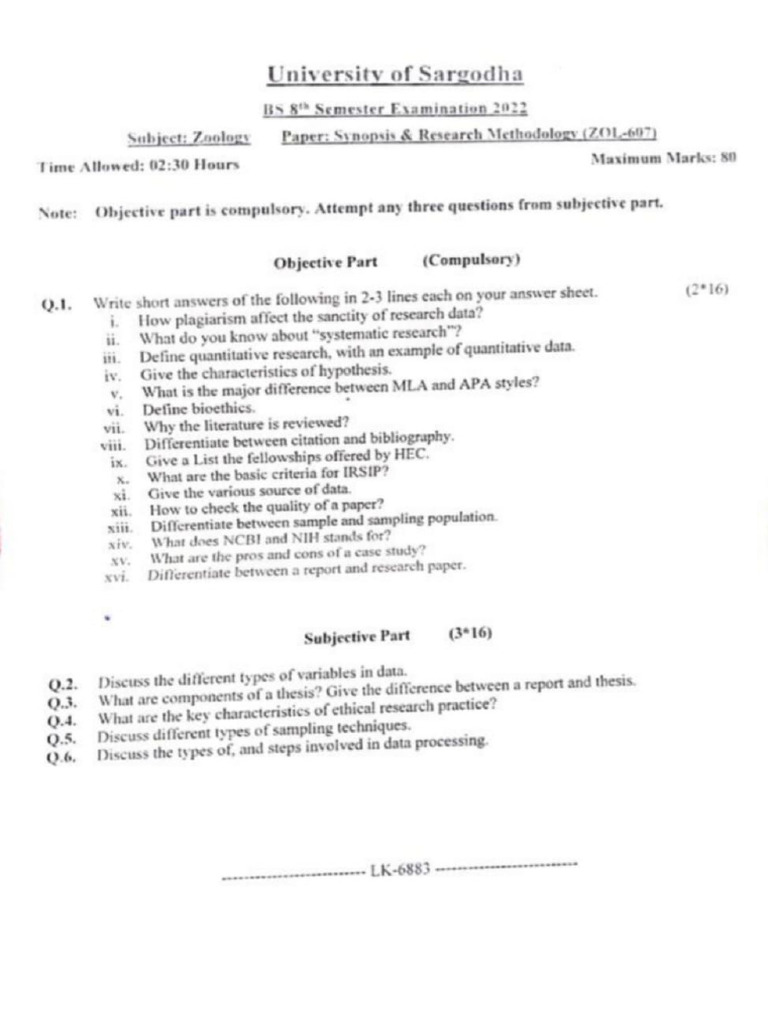 Research Methodology Past Papers 5th Semester | PDF