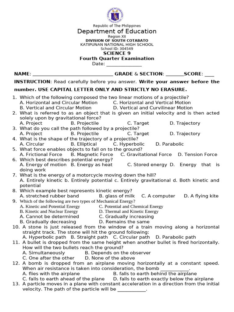 Grade 9 - Science Examination | PDF | Momentum | Force