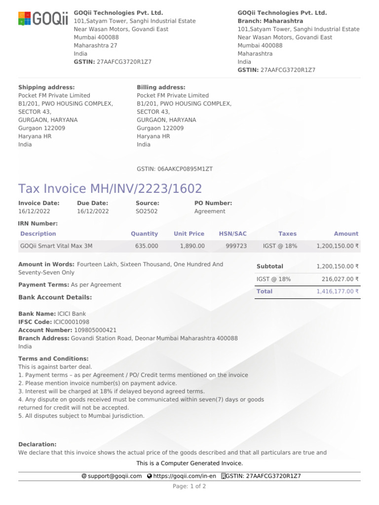 Tax Invoice - MH - INV - 2223 - 1602 | PDF | Invoice | Payments