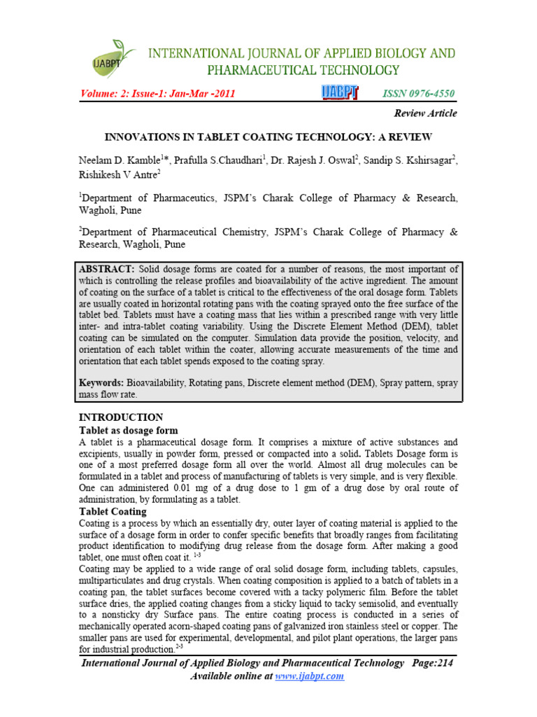 Aaa Innovations in Tablet Coating Technology | PDF | Tablet (Pharmacy ...