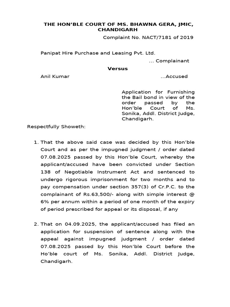 Application For Furnishing Bail Bond | PDF | Bail | Public Law