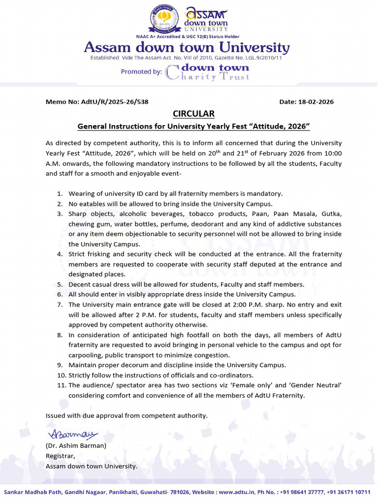 18-02-2026 - CIRCULAR - General Instructions For University Yearly Fest ...