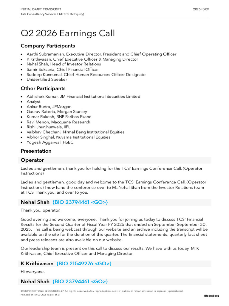 TCS Earnings Call Transcript 10102025 | PDF | Artificial Intelligence ...
