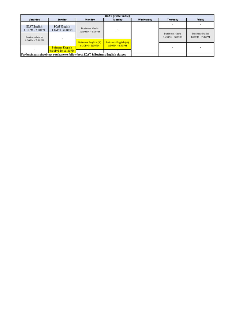 New BCAT Time Table | PDF
