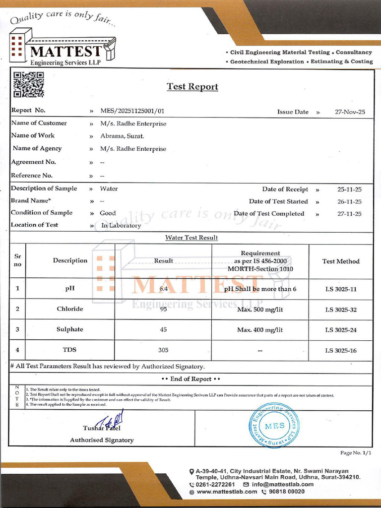 Radhe Ent Water Test | PDF