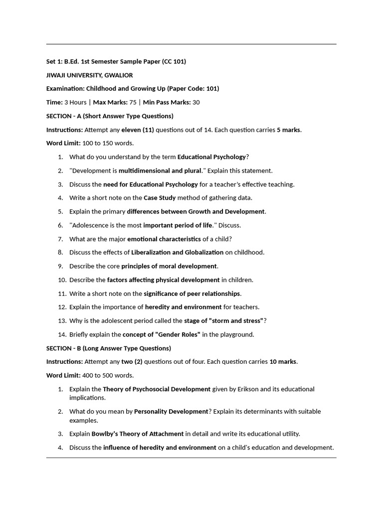 CC101 Sample Question Paper | PDF | Curriculum | Child Development