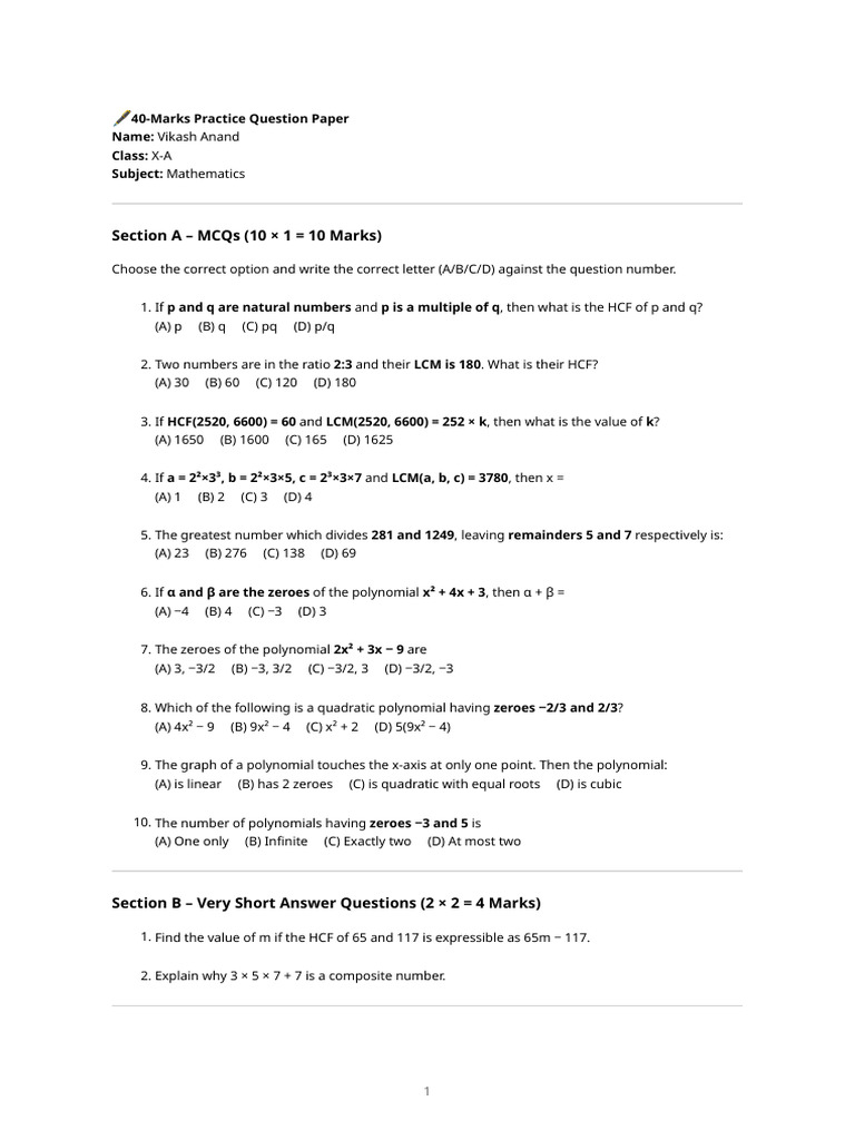 Math Practice Paper | PDF | Zero Of A Function | Polynomial