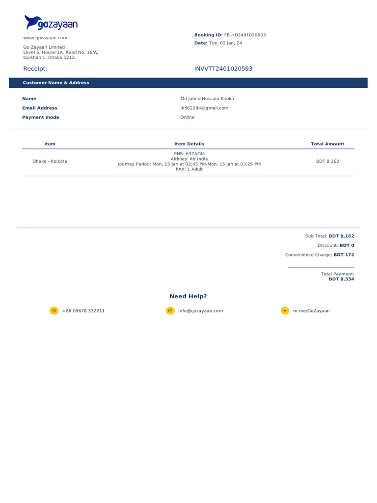 Booking Invoice INVVTT2401020593 | PDF