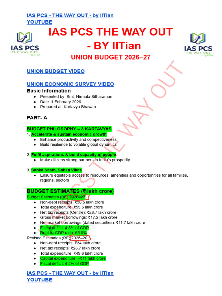 Highlighted UNION BUDGET 2026-27@iaspcsthewayout | PDF | Taxes ...