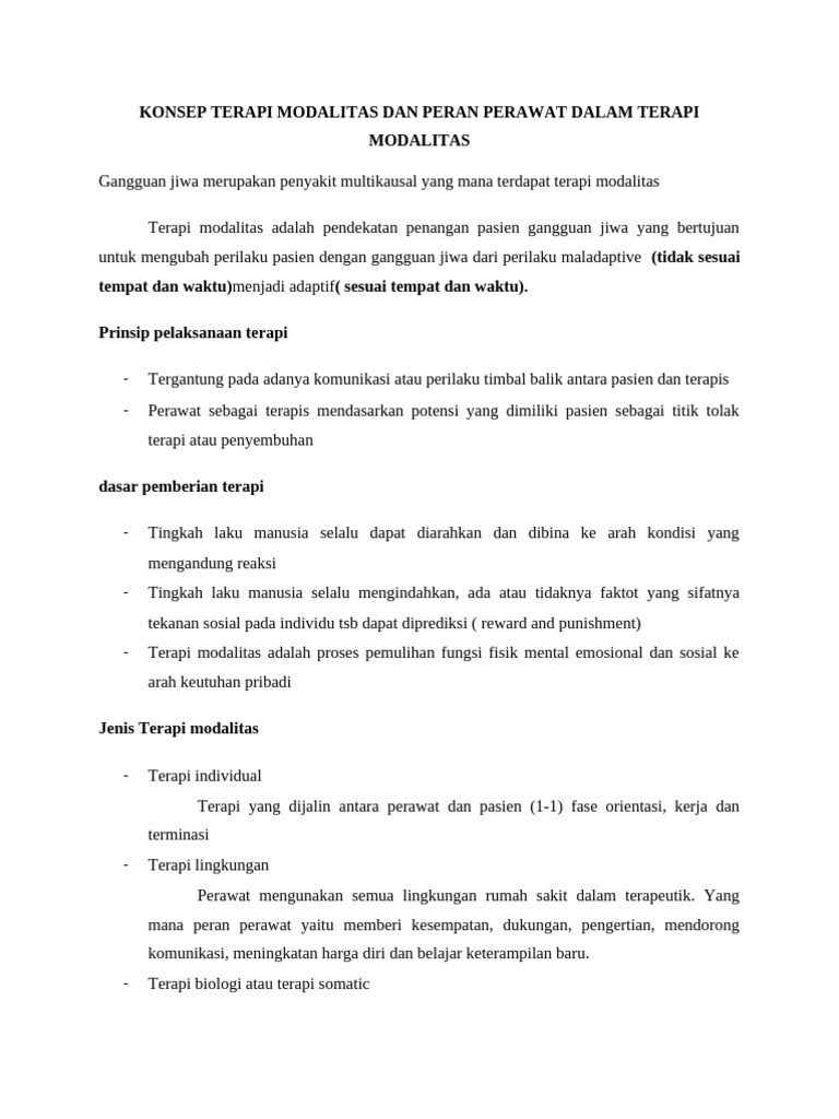 Konsep Terapi Modalitas Dan Peran Perawat Dalam Terapi Modalitas | PDF