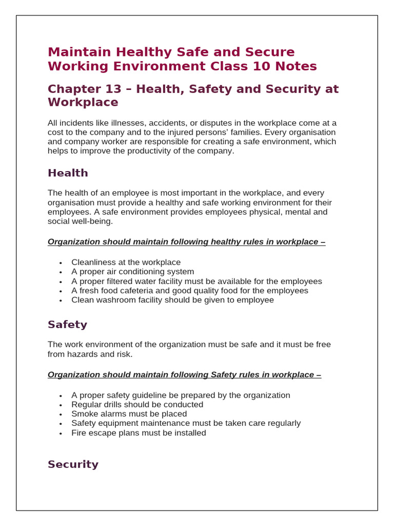 Maintain Healthy Safe and Secure Working Environment Class 10 Notes ...