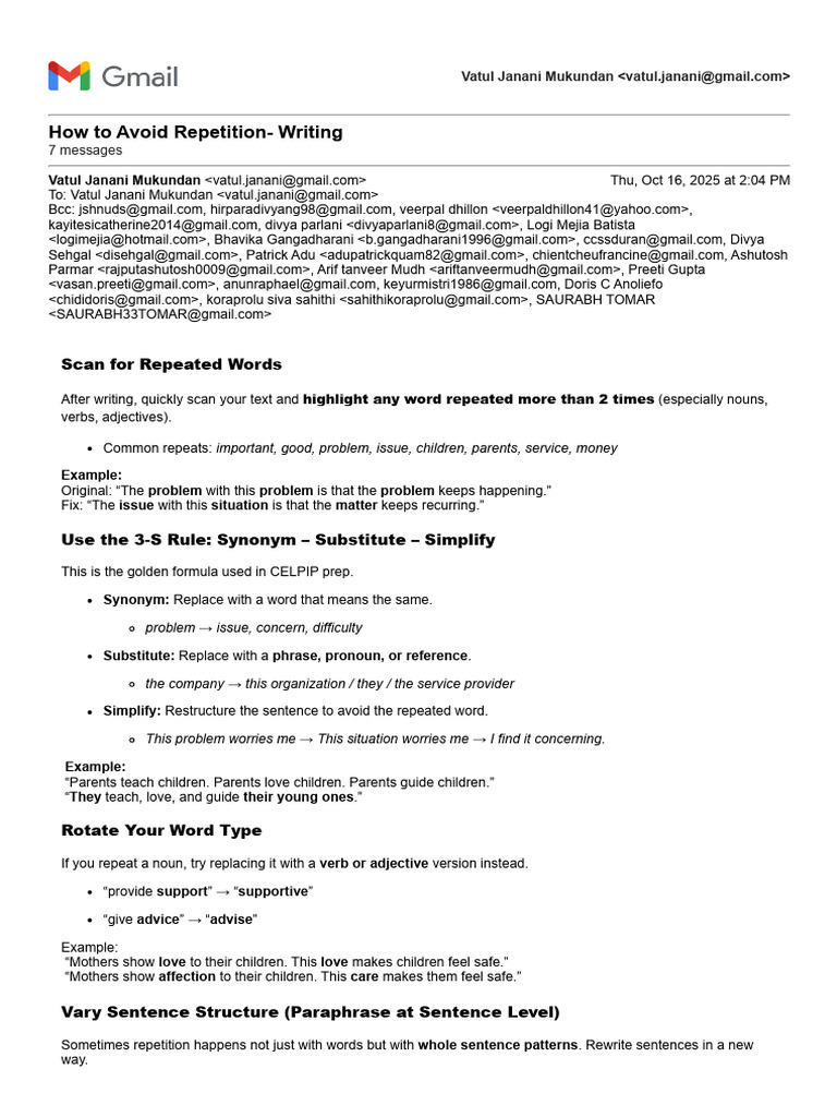 Gmail - How To Avoid Repetition - Writing | PDF | Verb | Noun