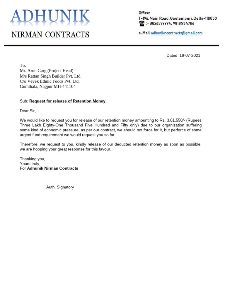Request For Release Retention Money | PDF