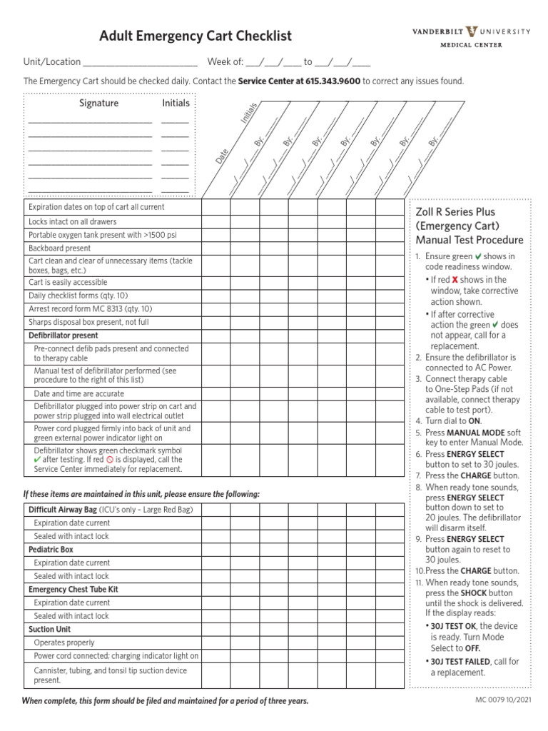 Adult Zoll R Series Plus Emergency Cart Checklist | PDF
