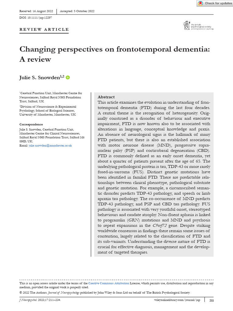 Changing Perspectives On Frontotemporal Dementia A Review | PDF ...