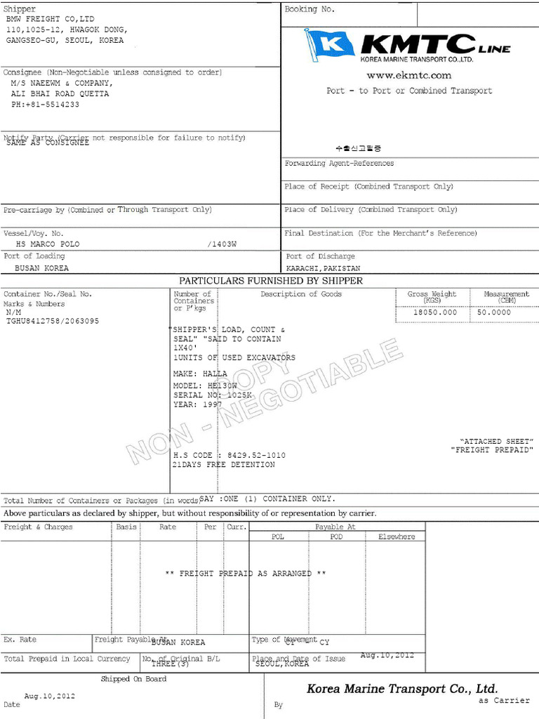 Bill of Lading: Draft | PDF