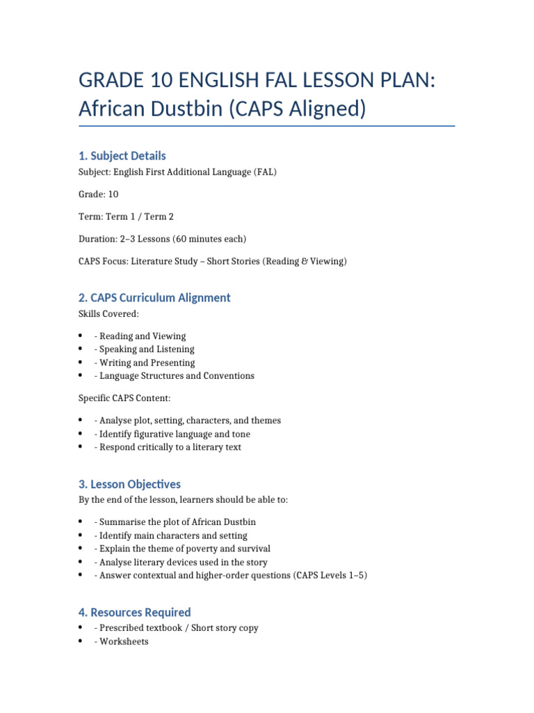 Grade 10 African Dustbin CAPS Lesson Plan | PDF | Lesson Plan | Pedagogy