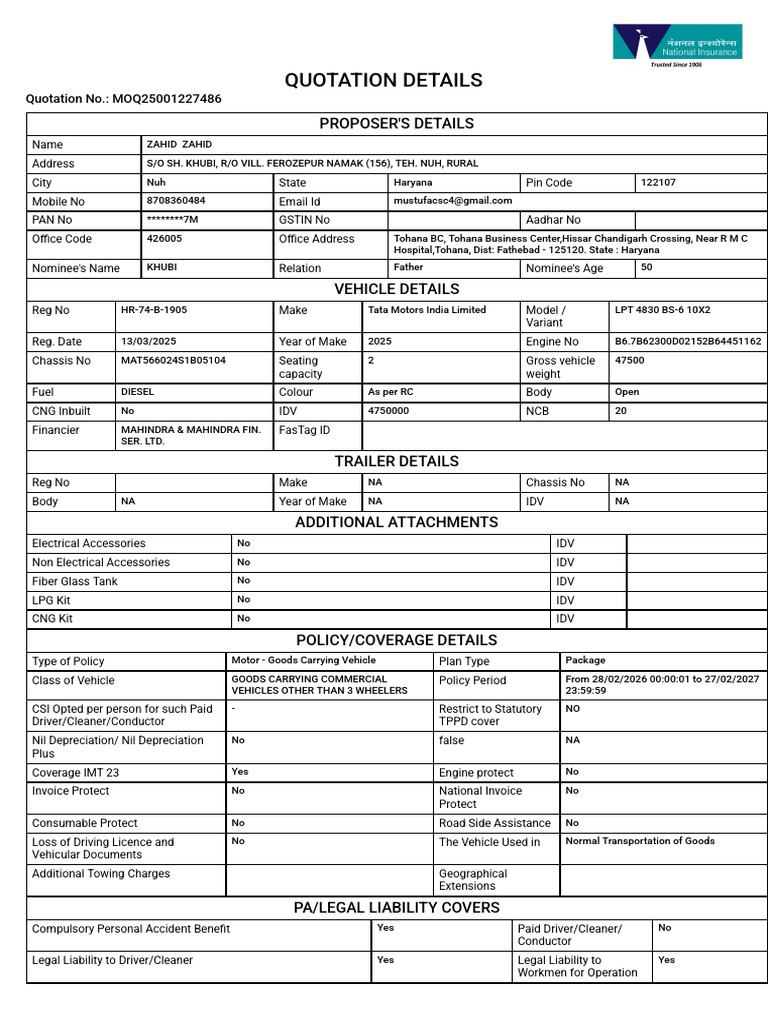 QuotationDetails GCV | PDF | Insurance | Vehicles