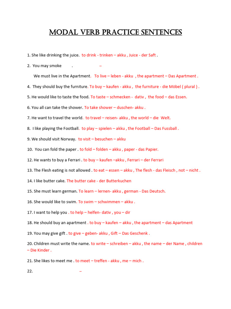 Modal Verb Practice Sentences | PDF