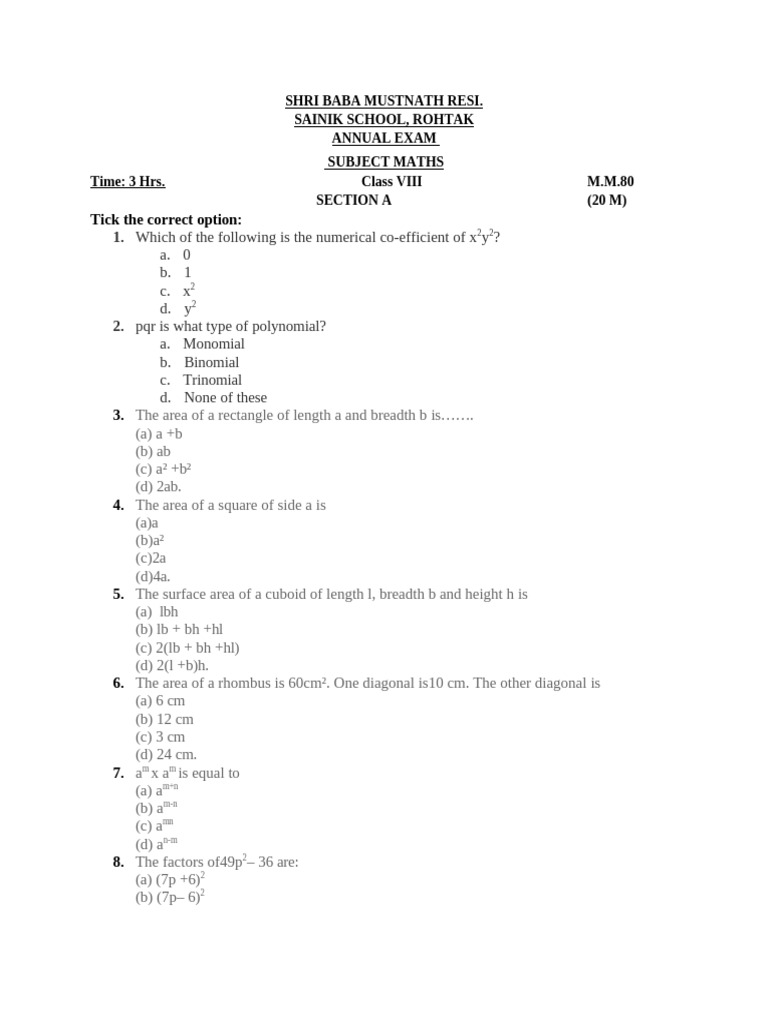 Class 8th Final Paper | PDF