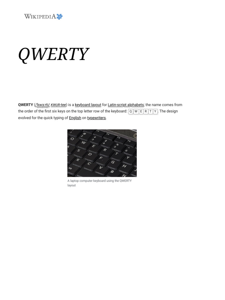 Qwerty: / Kwɜ Rti/ Keyboard Layout Latin-Script Alphabets English