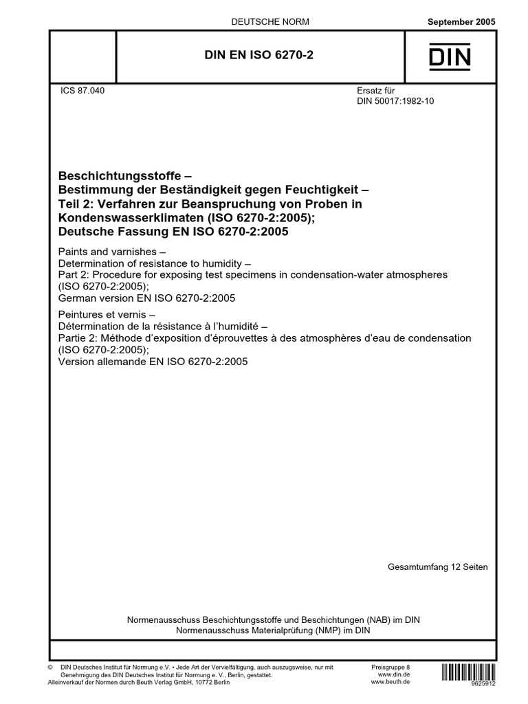 DIN EN ISO 6270-2 Procedure For Exposing Test Specimens in Condensation ...