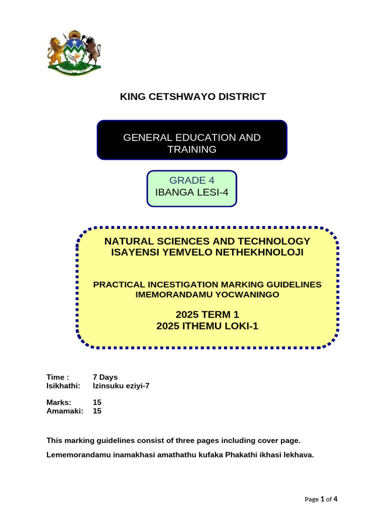 Formal Practical Task Grade 4 Term 1 Marking Guidelines - 122610 | PDF ...