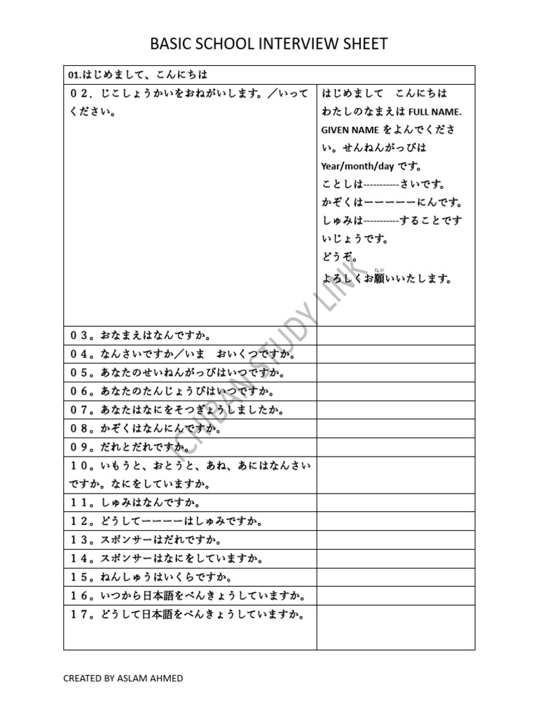 BASIC Jananese SCHOOL Intreview | PDF
