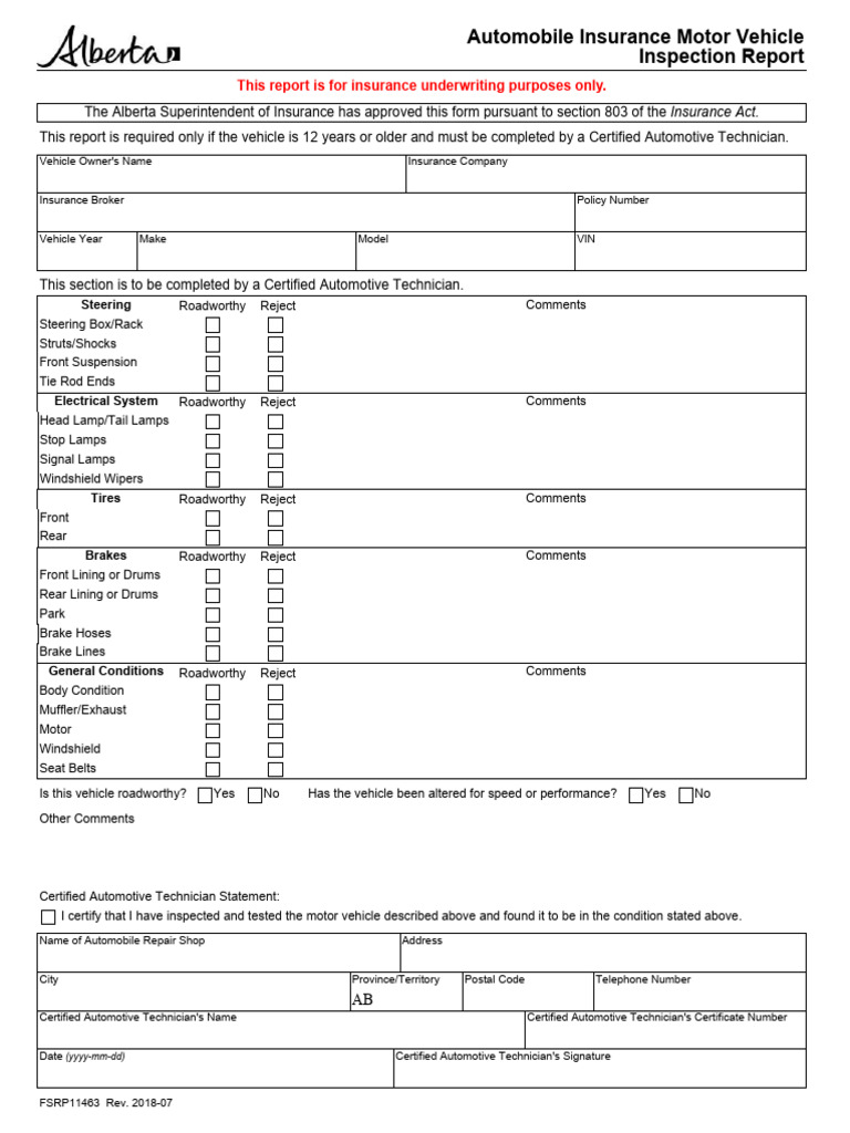 Forhtml Form Fsrp11463 Automobile Insurance Motor Vehicle Inspection ...