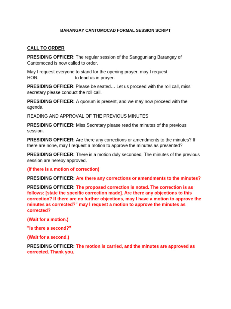 Barangay Cantomocad Formal Session Script | PDF | Agenda (Meeting ...