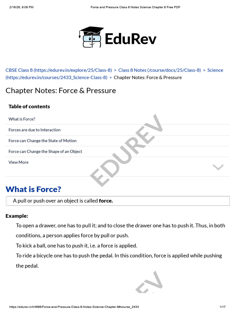 Force and Pressure Class 8 Notes Science Chapter 8 Free PDF | PDF ...