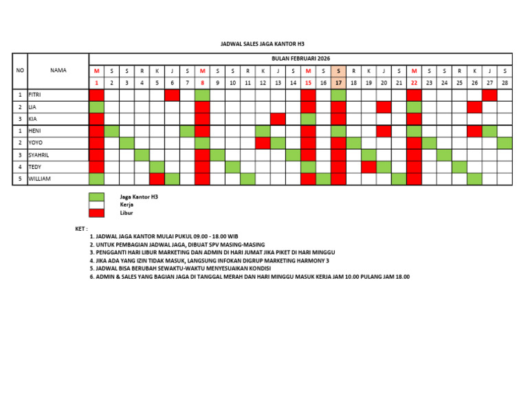 Jadwal Jaga Kantor Proyek Per Tim Bulan Februari 2026 | PDF