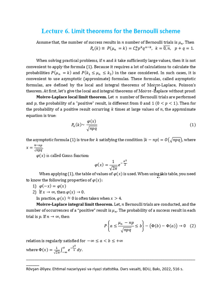 Lecture 6. Limit Theorems For The Bernoulli Scheme | PDF | Inequality ...