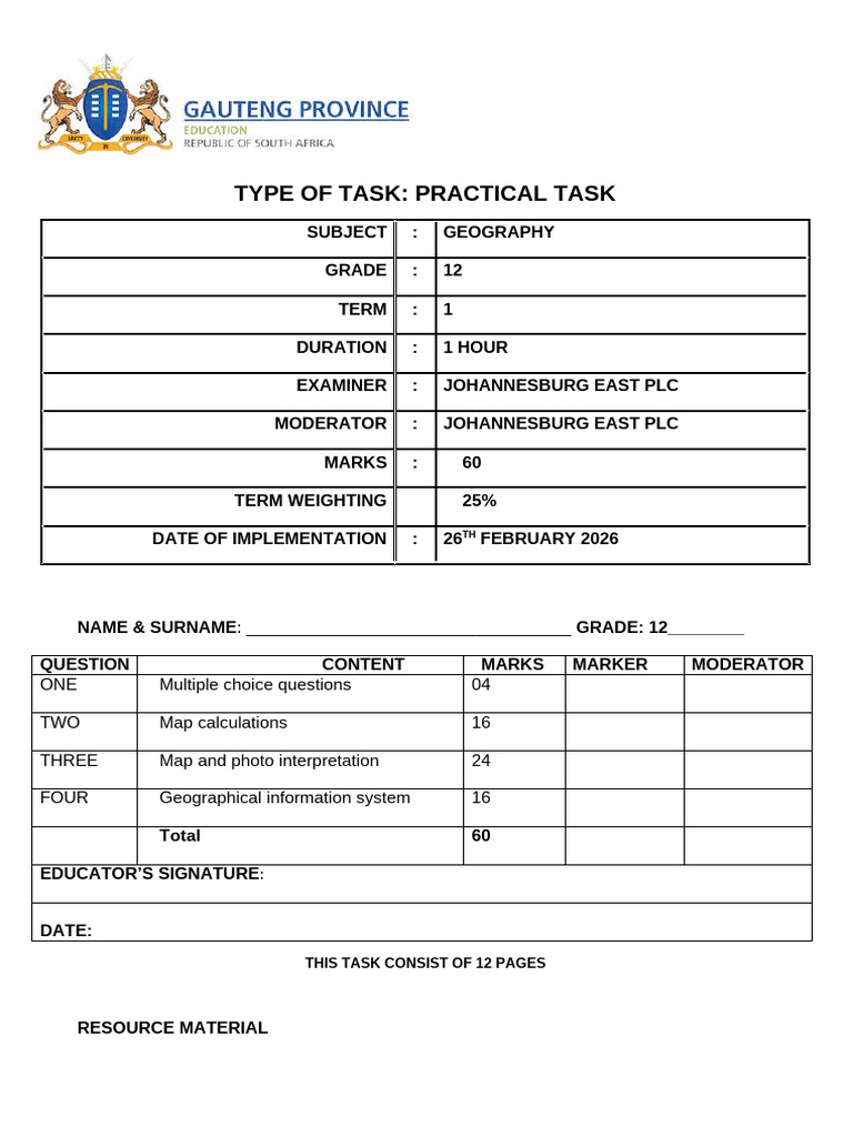 QP Grade 12 Mapwork Task 2026 - 012432 | PDF | Geography | Topography