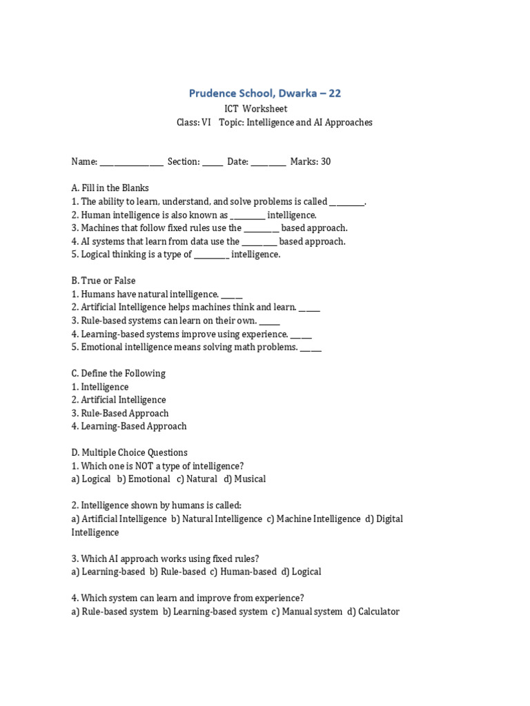 Grade6 Intelligence AI Worksheet | PDF