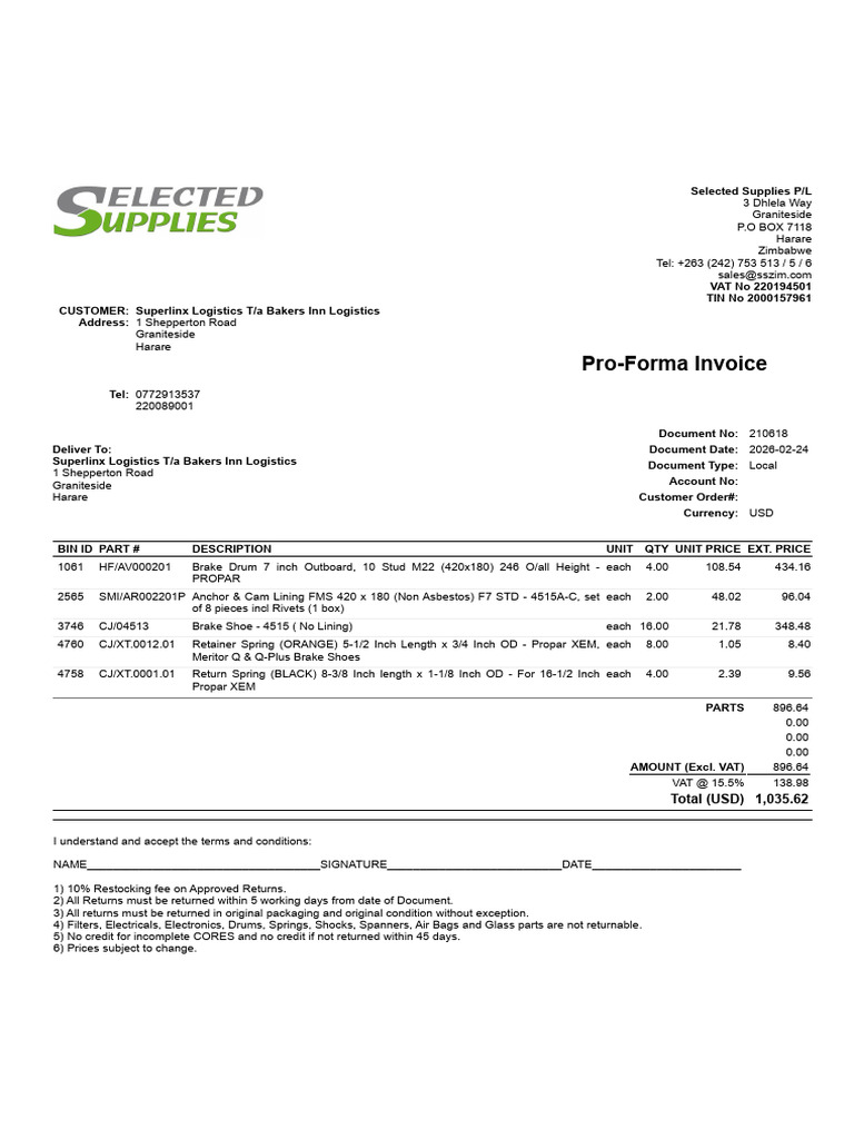 Pro-Forma Invoice: Total (USD) 1,035.62 | PDF | Vehicle Technology