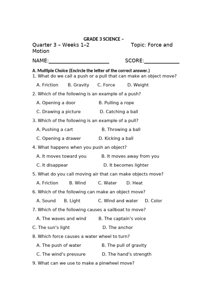 Grade3 Science Summative Test | PDF | Force