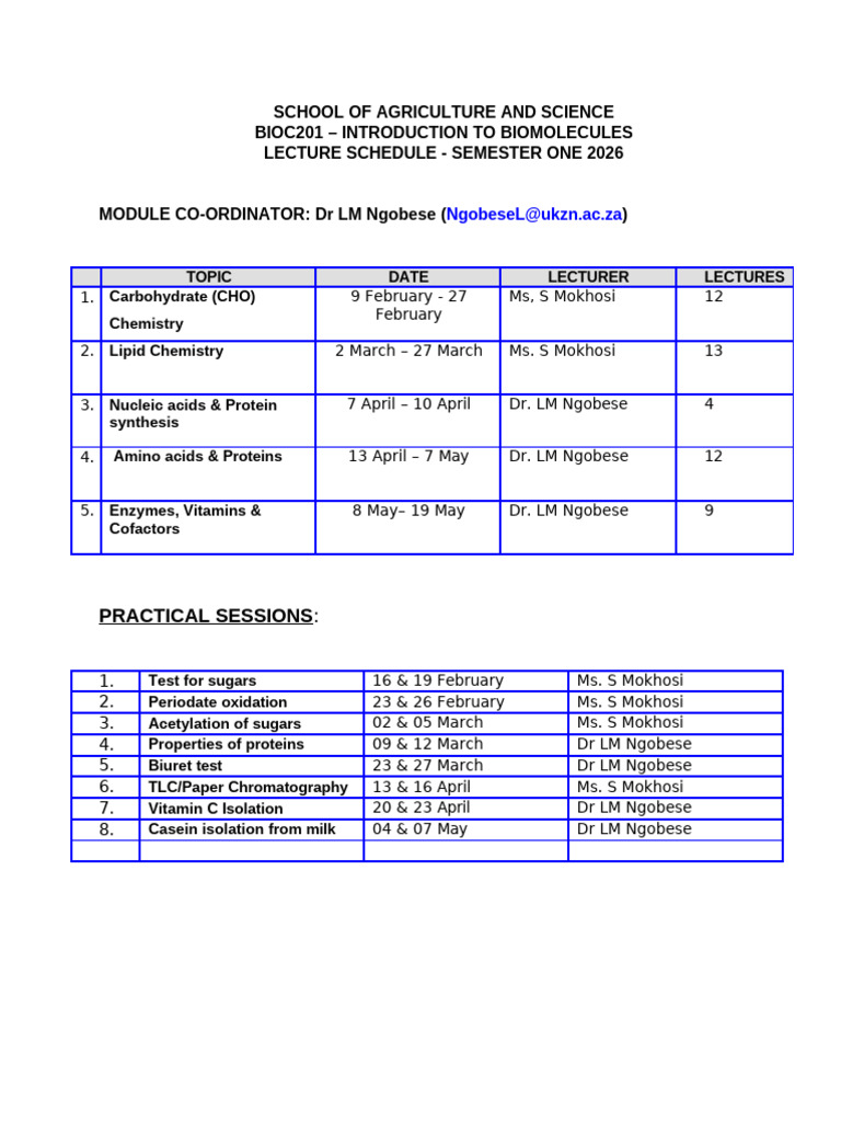 BIOC201 Lecture and Practical 2026 Schedule (Tentitive) | PDF