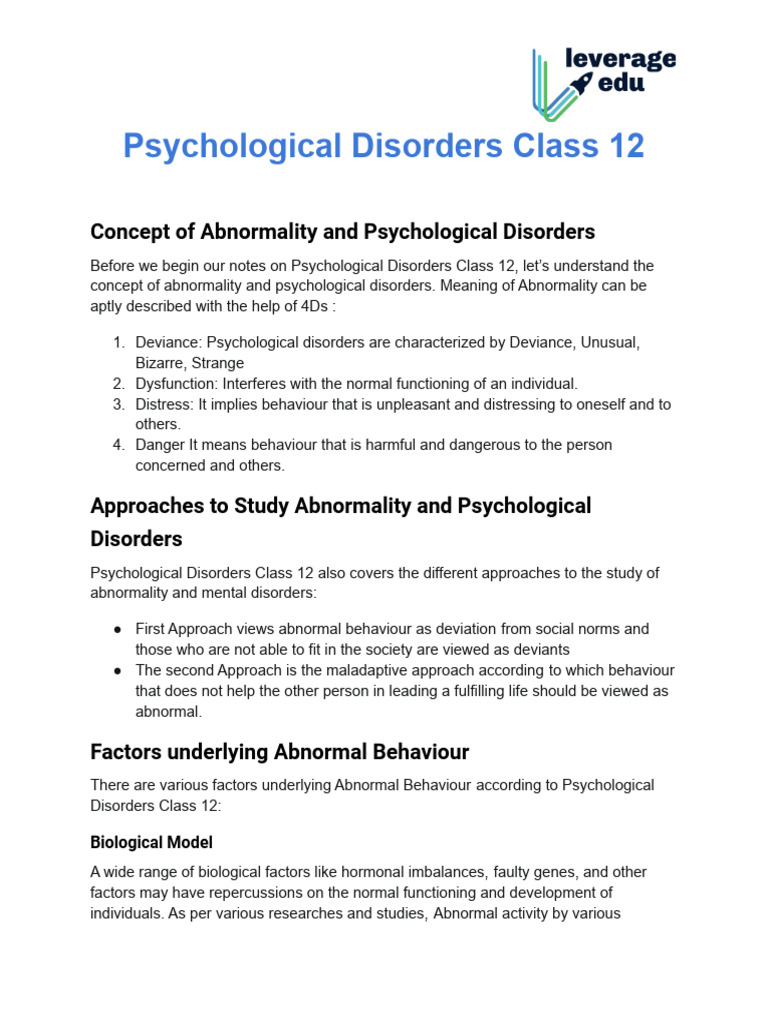 Psychological Disorders Class 12 PDF | PDF | Anxiety | Mental Disorder