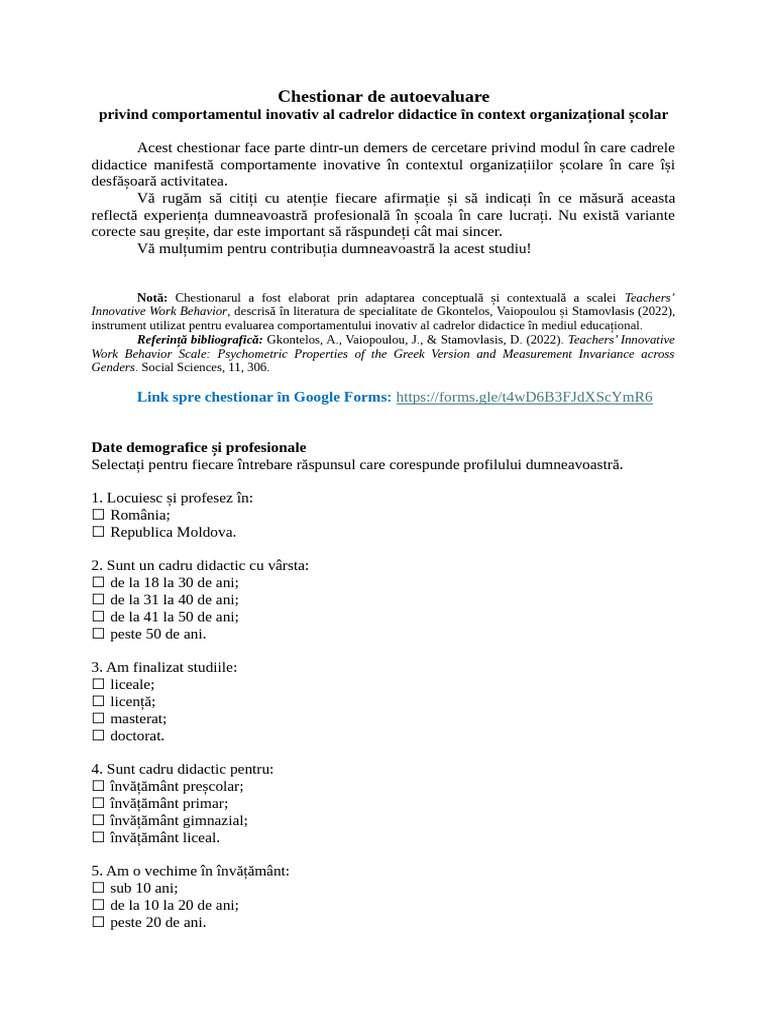 Chestionar Autoevaluare - Comportament Inovativ Cadre Didactice | PDF