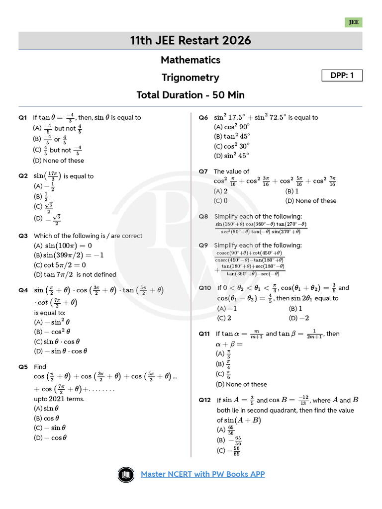 11th JEE Restart 2026: Mathematics Trignometry Total Duration - 50 Min ...