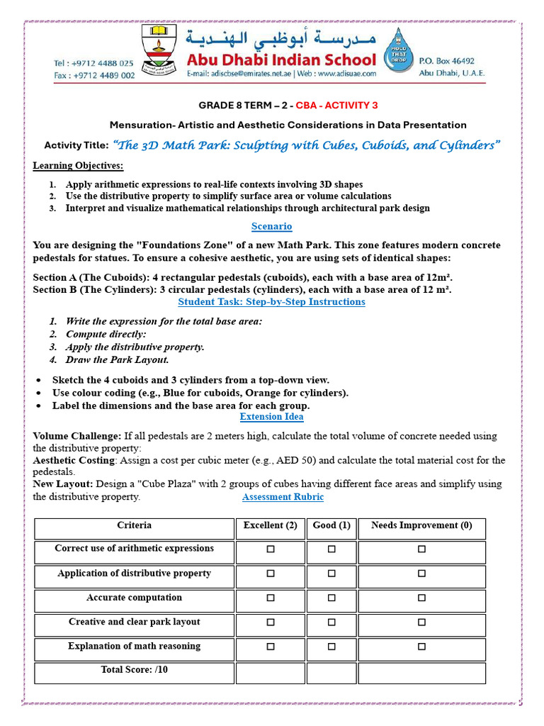 Grade 8 Math Term - 2 Cba - Activity 3 Mensuration | PDF | Mathematics ...