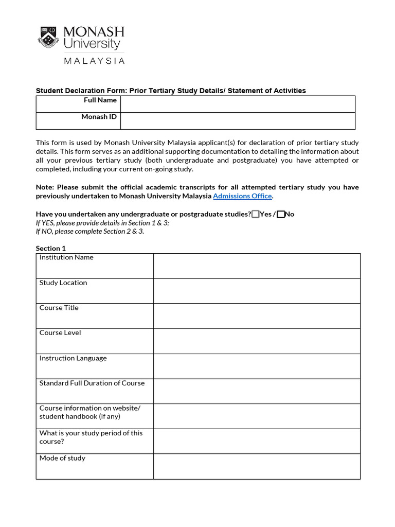 Student Declaration Form - Prior Study - Statement of Activities | PDF ...