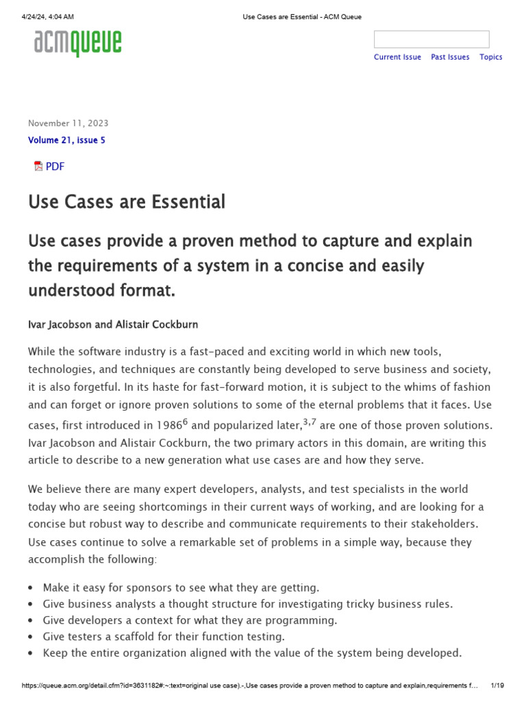 Use+Cases+Are+Essential+ +ACM+Queue | PDF | Use Case | Systems Engineering