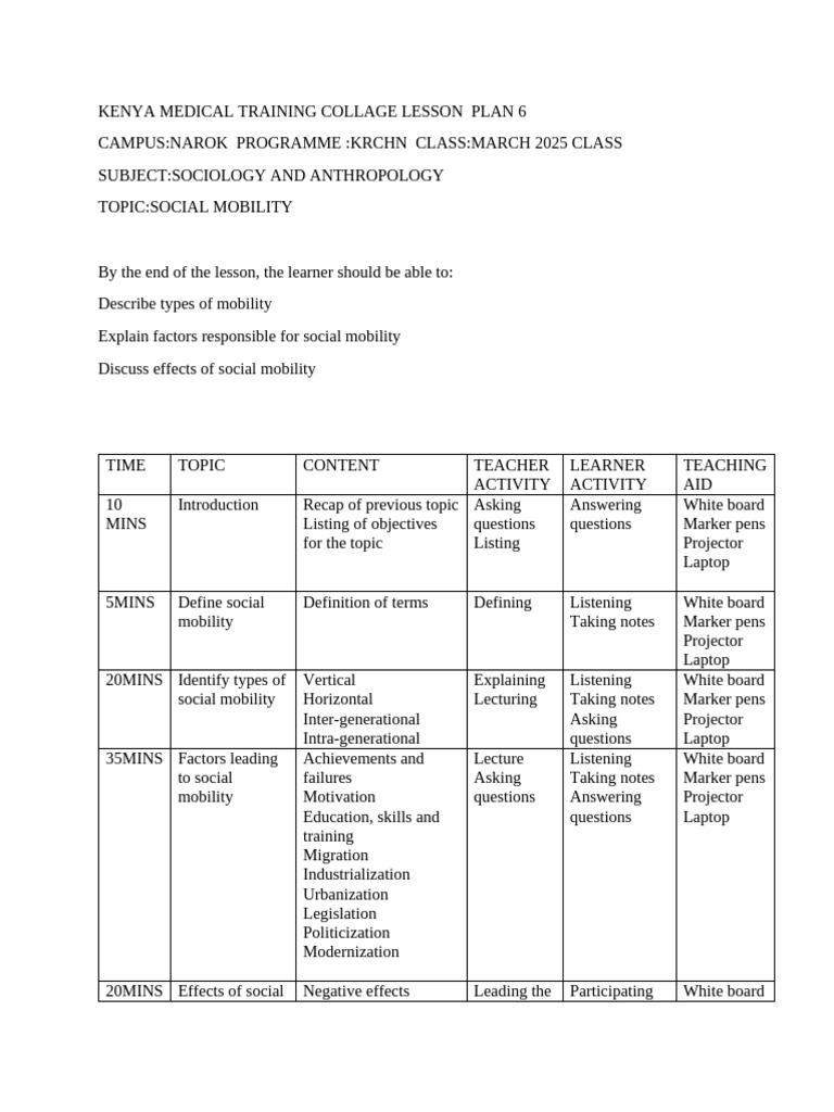 Kenya Medical Training Collage Lesson Plan | PDF | Lesson Plan | Human ...