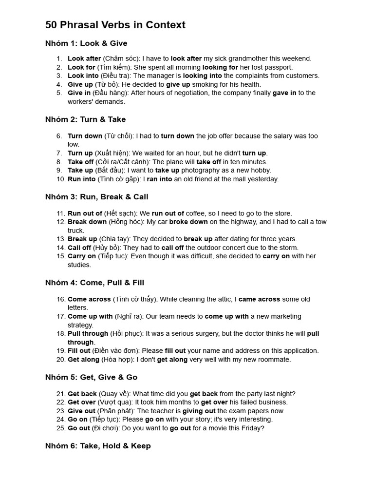 50 Phrasal Verbs in Context For IELTS Speaking Maybe Writing | PDF ...