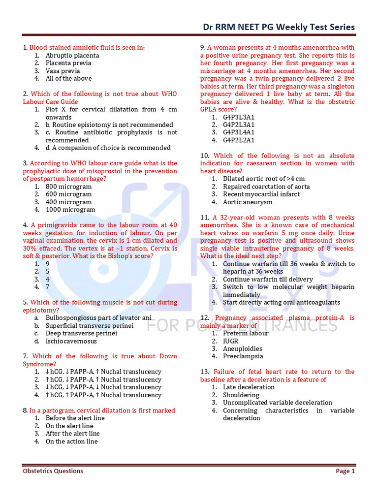 Obstetrics Questions | PDF | Childbirth | Pregnancy