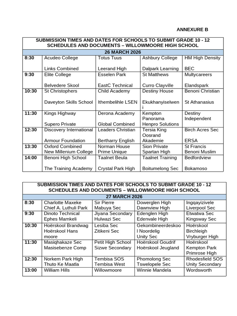 ANNEXURE A Term 1 Schedules 2026 | PDF
